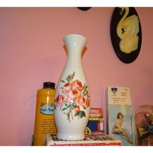 Vintage Ceramic Vase w/ Roses & Leaves floral country farmhouse cottagecore